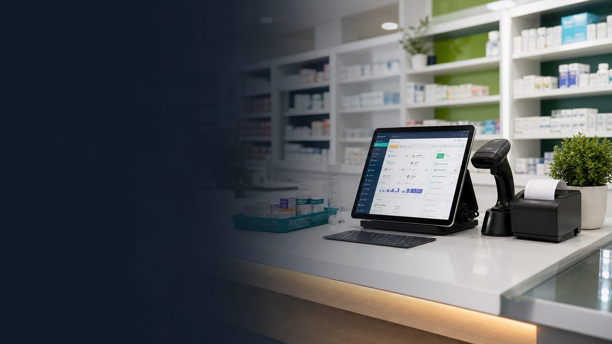 Apotek dengan aplikasi kasir Nizora di tablet - POS, stok obat, dan laporan multi-cabang